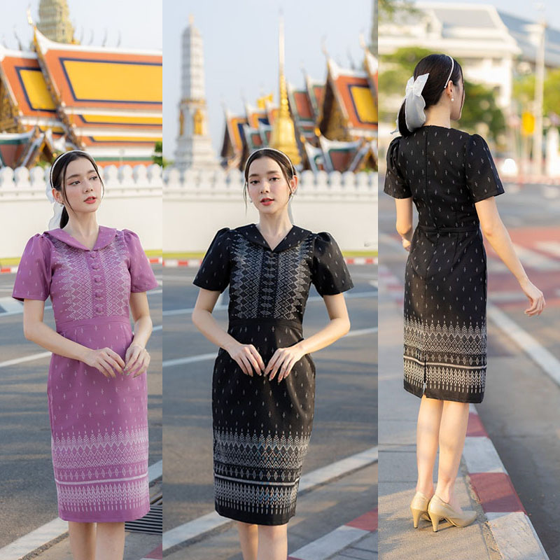 kudapy เดรสสั้นสีชมพู/สีดำ ผ้าลายไทย ทรงเข้ารูป แต่งกระดุม ใส่ออกงาน สวยดูดีเรียบร้อย