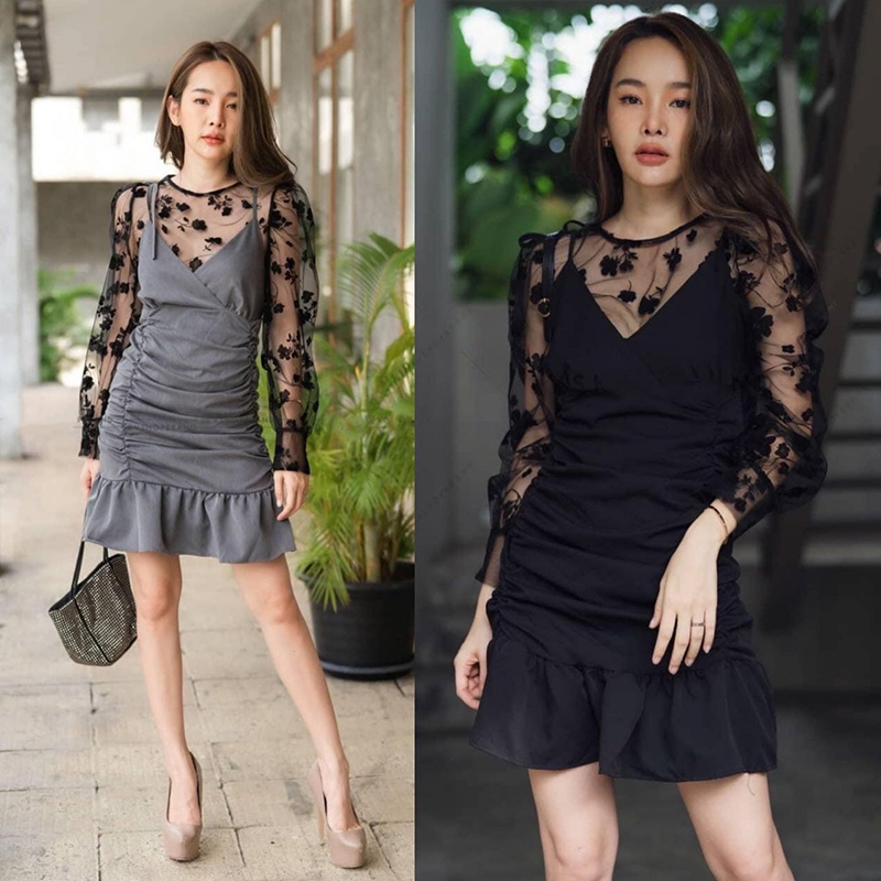 kudapy เดรสสั้นสีดำ/สีเทา เกาหลี เสื้อซีทรูลายดอก มาพร้อมเดรสสายเดี่ยวย่นด้านข้าง