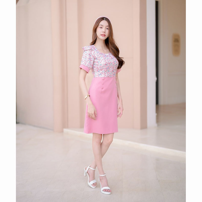 kudapy เดรสสั้นสีม่วง/สีชมพู/สีคราม แขนสั้นลายดอกมีกระดุม