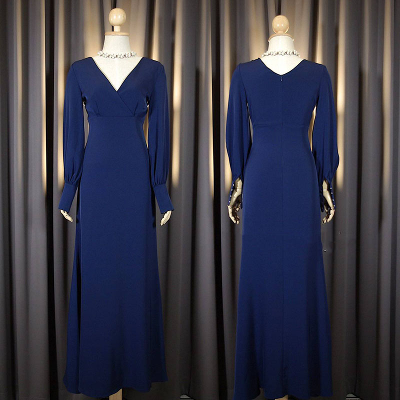 kudapy kudapy เดรสยาวสีขาว/สกรมท่า แขนยาว คัตติ้งถ่วงข้อมือ กระดุมห่อผ้า คอวี เอวสูง เข้ารูปแต่ไม่รัดทรง กระโปรงหางปลา หรูหรา