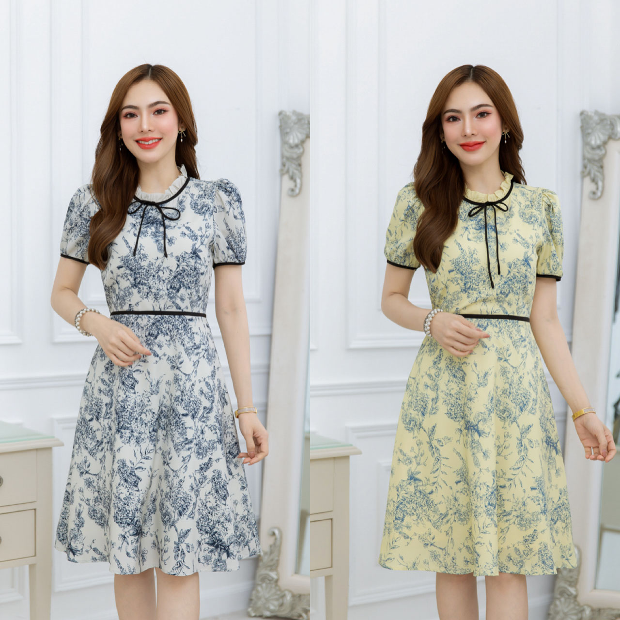 kudapy เดรสสั้นสีครีม/สีเหลือง พิมพ์ลาย แพทเทิร์นสวยเรียบๆ มีดีเทลจับจีบช่วงคอ ผูกโบว์สวยเก๋