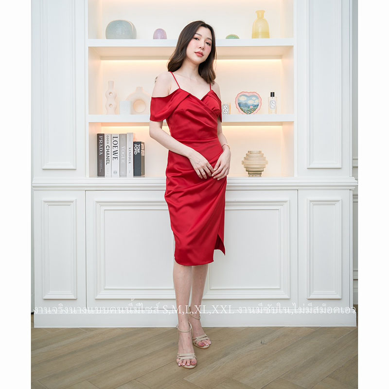 kudapy เดรสสั้นสีไวน์แดง/สีน้ำตาลอิฐ/สีชมพู ชุดราตรีสั้นปาดไหล่พรีเมี่ยมเกรด