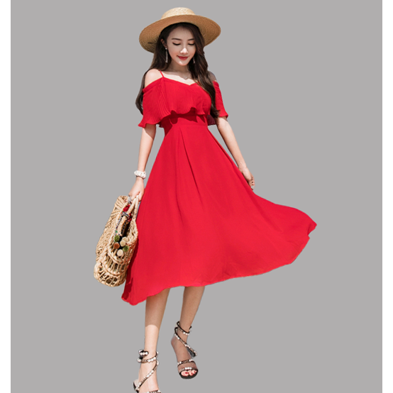 ชุดแมกซี่เดรสยาวคลุมเข่า สายเดี่ยวแต่งระบาย สีแดง เดรสเที่ยวละเล เดรสใส่เที่ยวชิวๆ XL