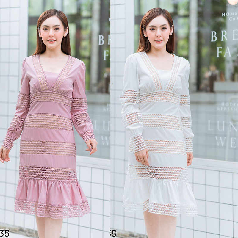 kudapy เดรสสั้นสีชมพู,สีขาว .แขนยาวตาข่ายซับครีมใส่สบายสวยดูดีมากๆ