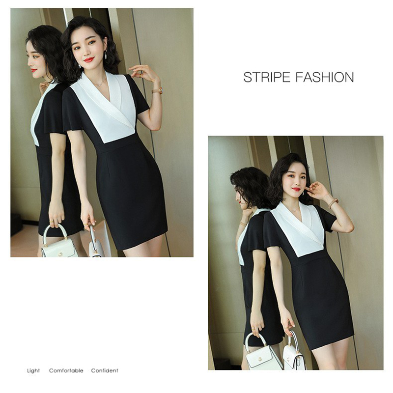 kudapy เดรสแขนสั้นสีดำขาว สีดำเหลืองเข้ม คอปก ทูโทน ผ้าไม่บาง และไม่หนาเกินไป เหมาะสำหรับใส่ทำงาน