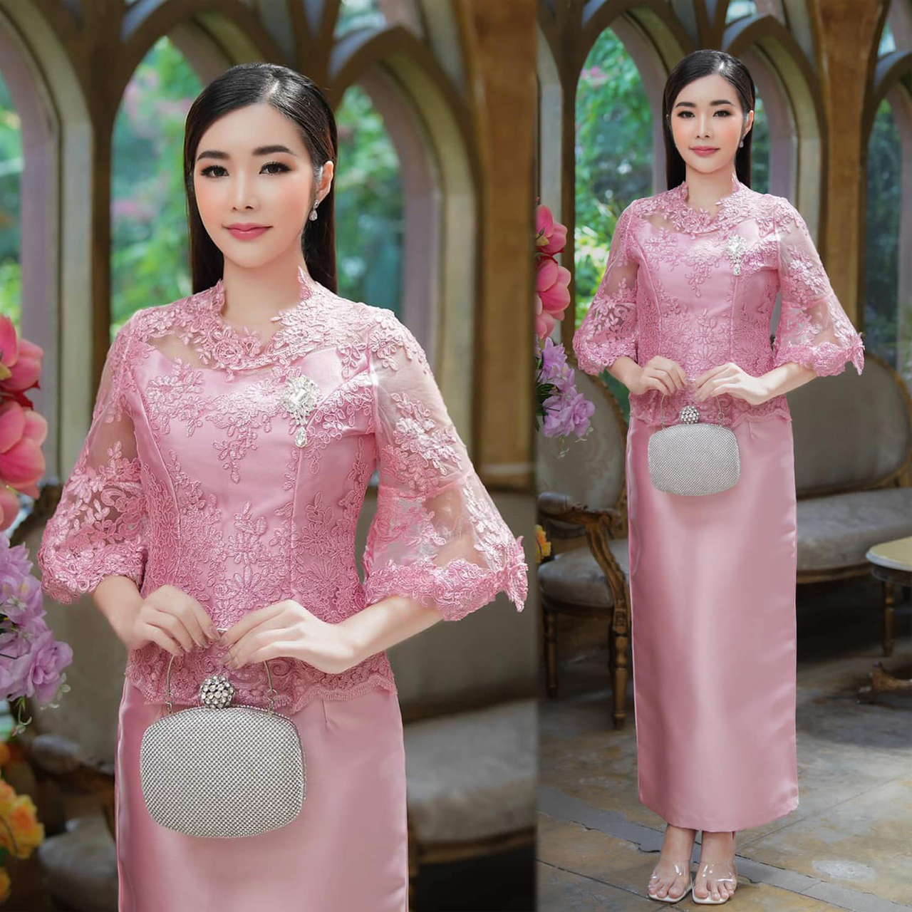 kudapy ชุดลูกไม้ผ้าไหมญี่ปุ่นสีน้ำเงิน/สีชมพู/สีแดง ตัวเสื้อเป็นลูกไม้ทอ คอกลมแต่งด้วยลูกไม้ลายเดียวกับตัวเสื้อ แขนกระดิ่่ง