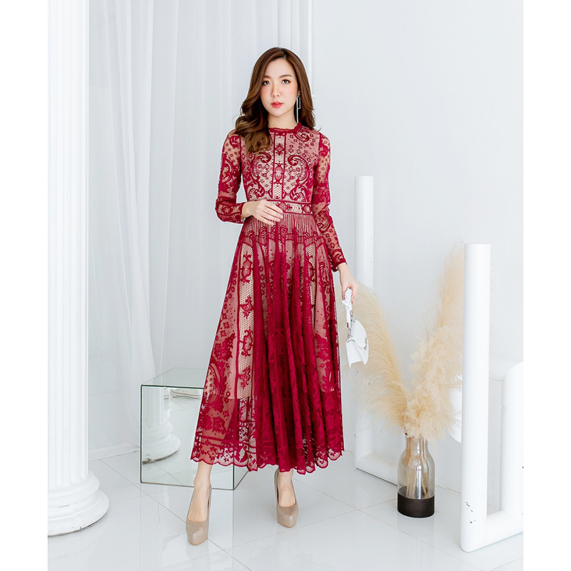 kudapy เดรสยาวสีชมพู/สีขาว/สีกรม/สีแดง แขนยาวผ้าลูกไม้สวยดูดีใส่สบายน่ารักมากๆ