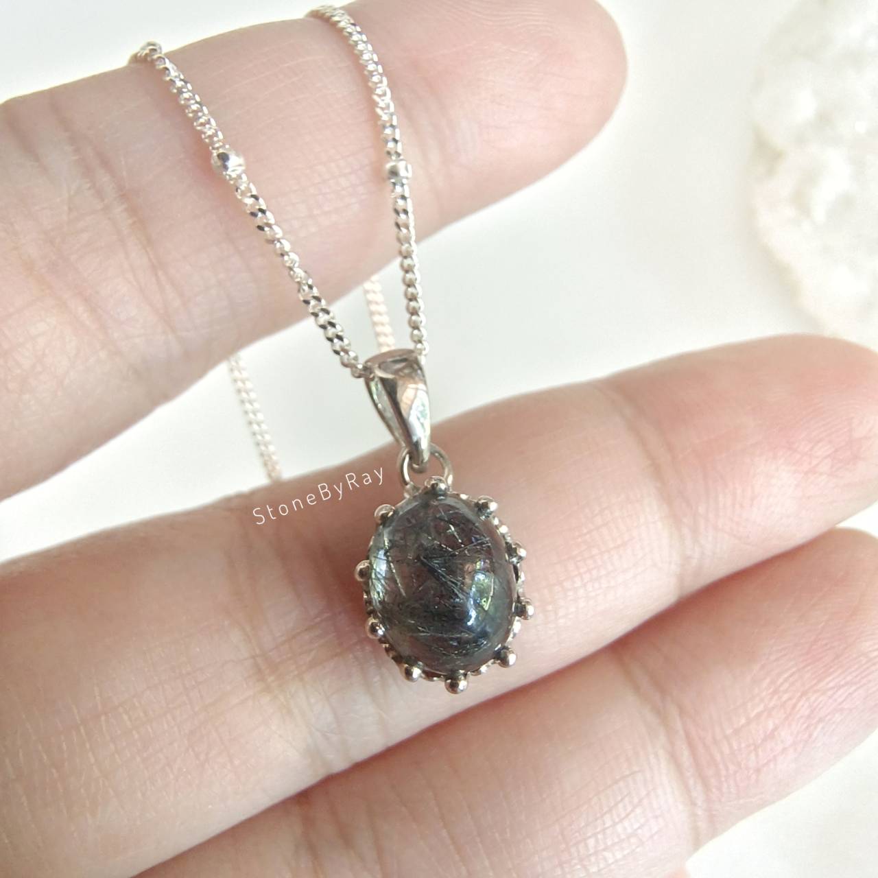 สร้อยคอเงินจี้หินไหมดำ Black Tourmaline Quartz