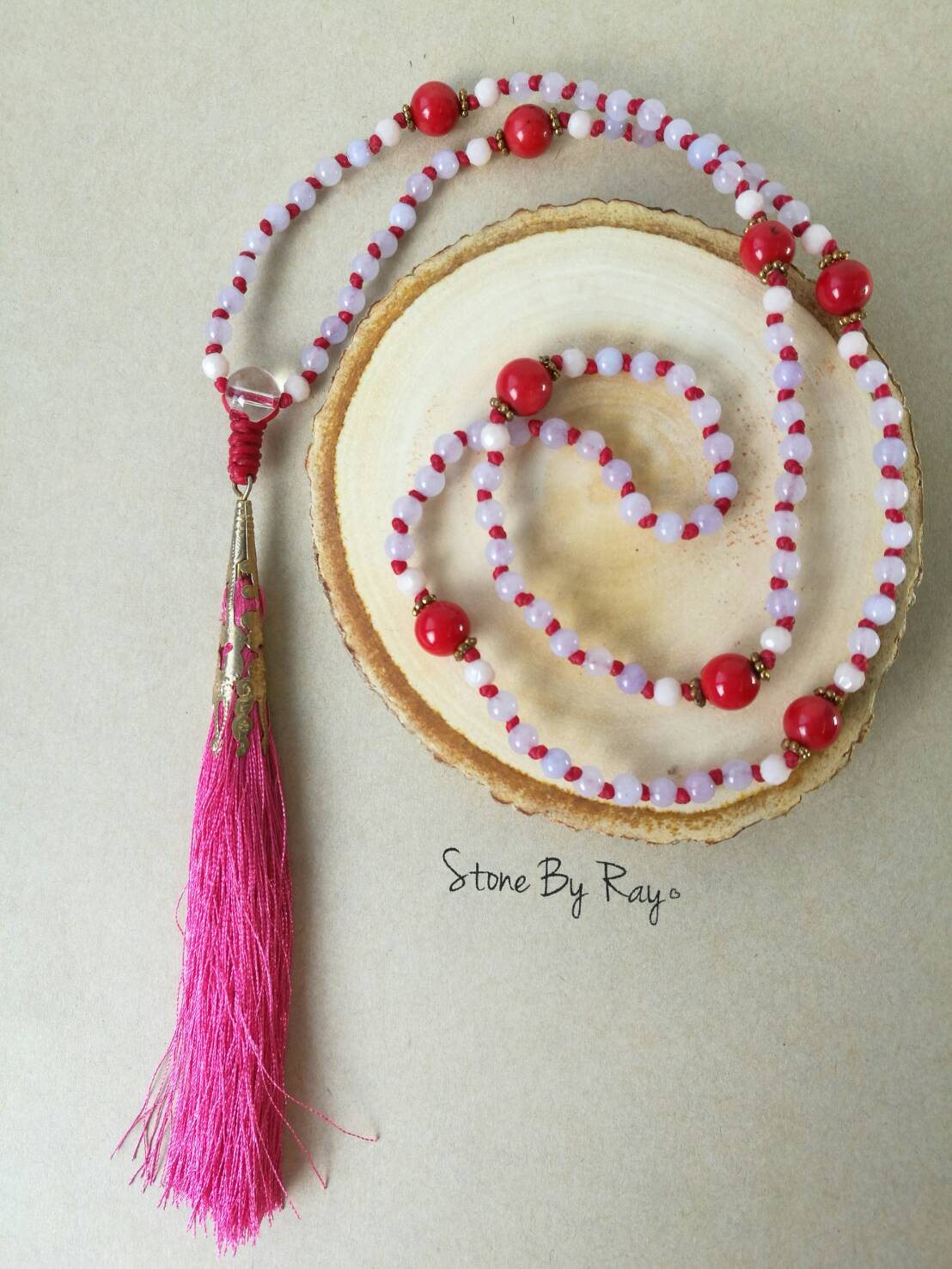 สร้อยคอปะการังแดง&หินอาเกตม่วง (Red coral&Lavender agate)