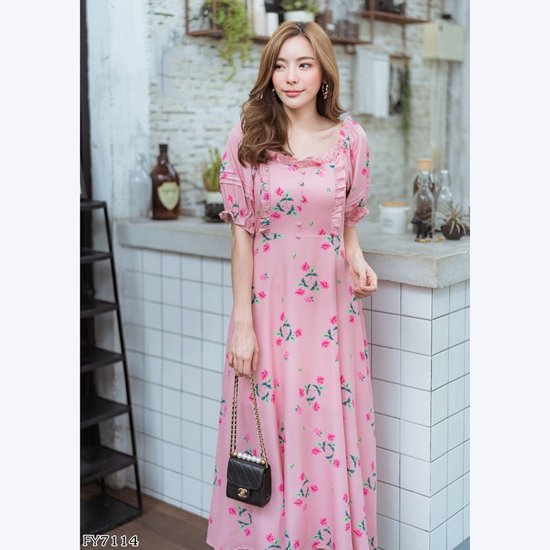 kudapy เดรสยาวสีชมพู,สีขาว กระโปรงลายดอกไม้ชมพูสวยใสน่ารักดูดี