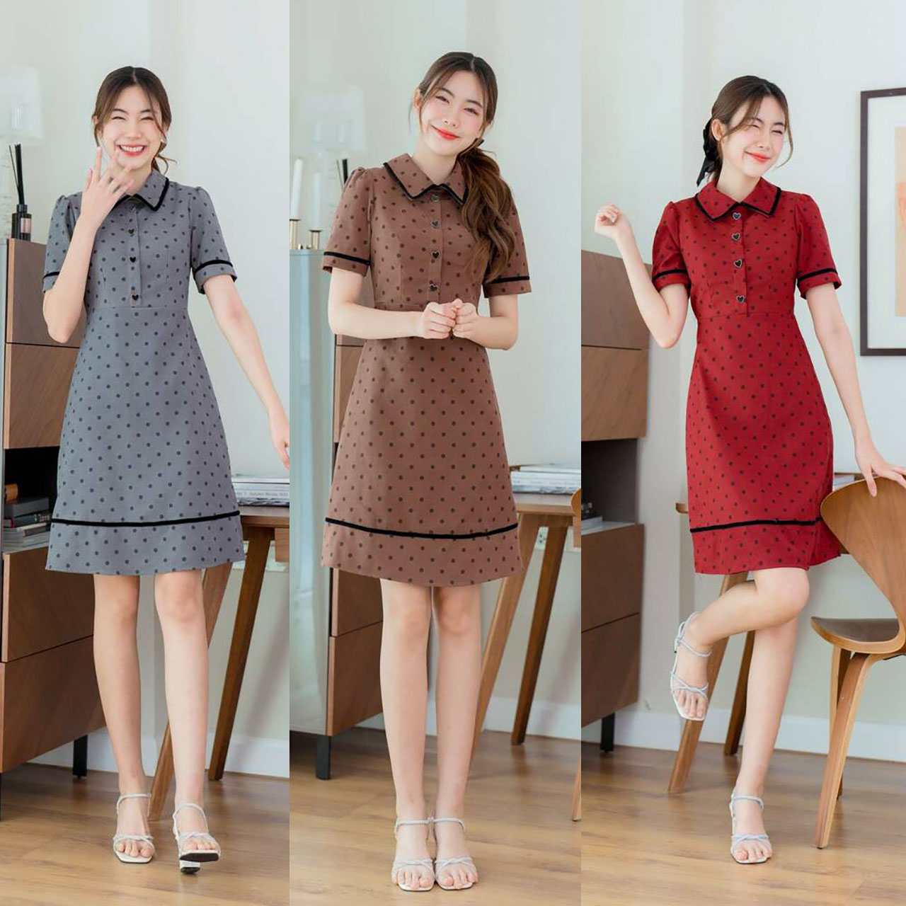 kudapy เดรสสั้นสีเทา/สีแดง/สีน้ำตาล ทรงบานผ้าลูกฟูกตัดขอบดำ
