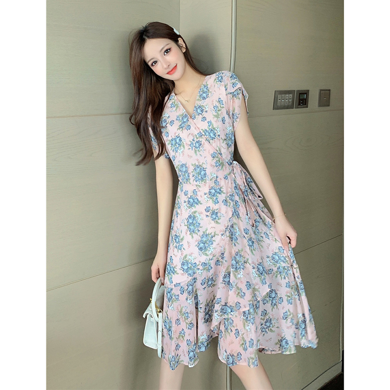 kudapy ชุดเดรสสีฟ้าอมเขียว,สีชมพู ใส่ทำงาน ผ้าชีฟองพื้น พิมพ์ลายดอกกุหลาบ
