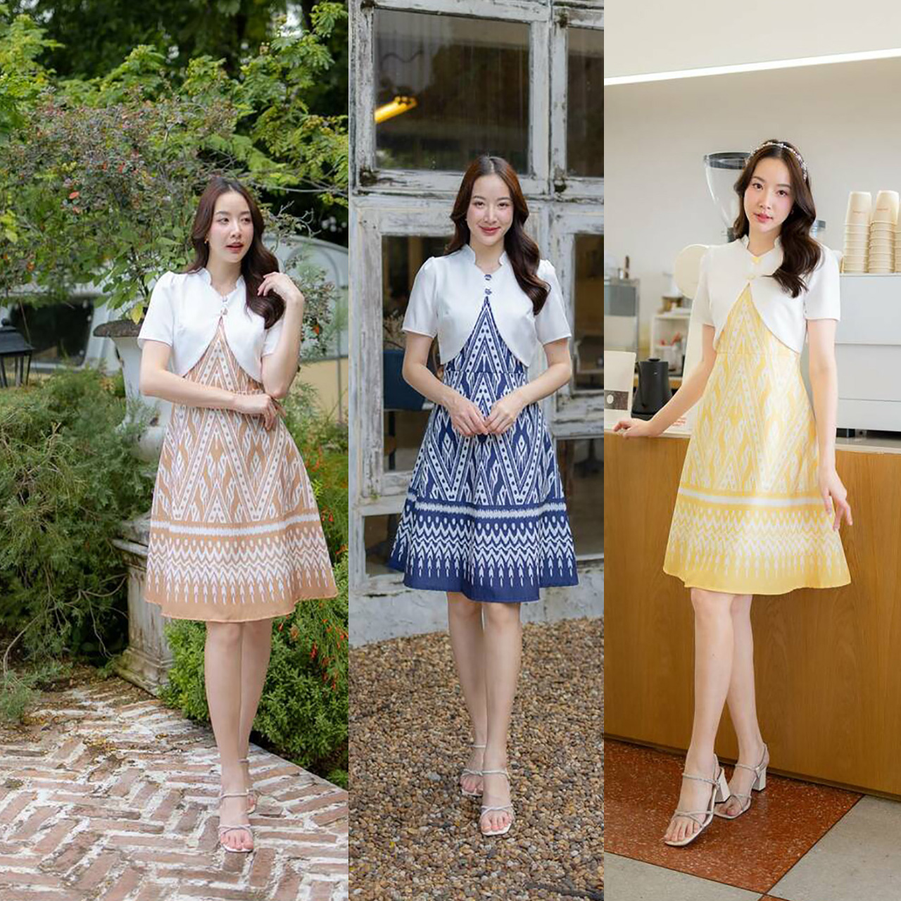 kudapy เดรสสั้นสีชมพู/สีน้ำตาล/สีกรม/สีเหลือง ลายไทยกั๊กผ้าพื้น ใส่ทำงานสวยดูดี