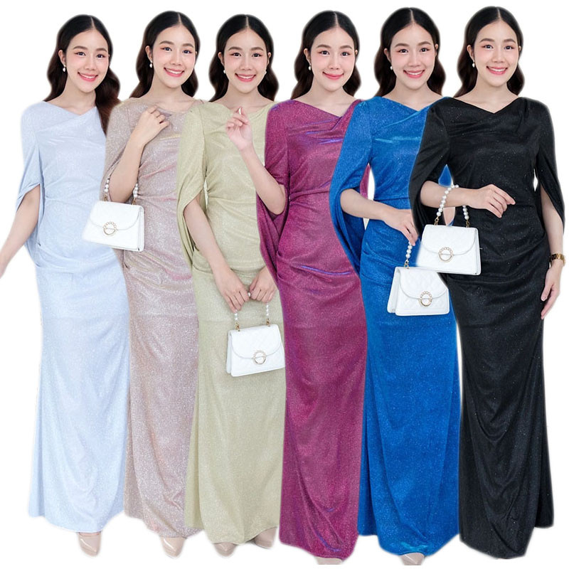 kudapy เดรสยาวสีชมพู/สีเงิน/สีทอง/สีดำ/สีม่วงแดง/สีนำ้เงิน แขนถ่วง คอปาด ใส่เปิดบ่าได้ ทรงเข้ารูป ผ่าหลัง รุ่นนี้หรูหรามา