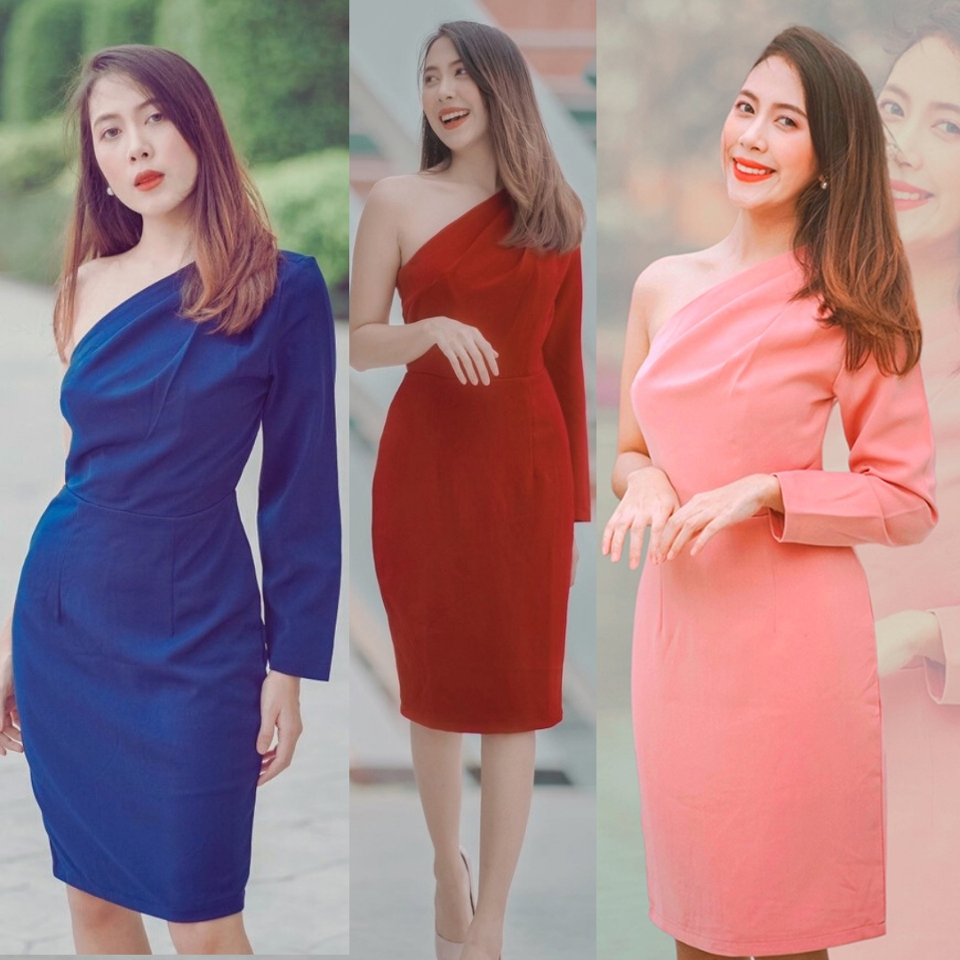 kudapy ชุดไปงานแต่งงานสีชมพู,สีแดง,สีกรมท่า เดรสสั้นไหล่เฉียงข้างแขนยาว เรียบหรู สวย ดูดี ใส่เป็นชุดราตรี ชุดออกงาน