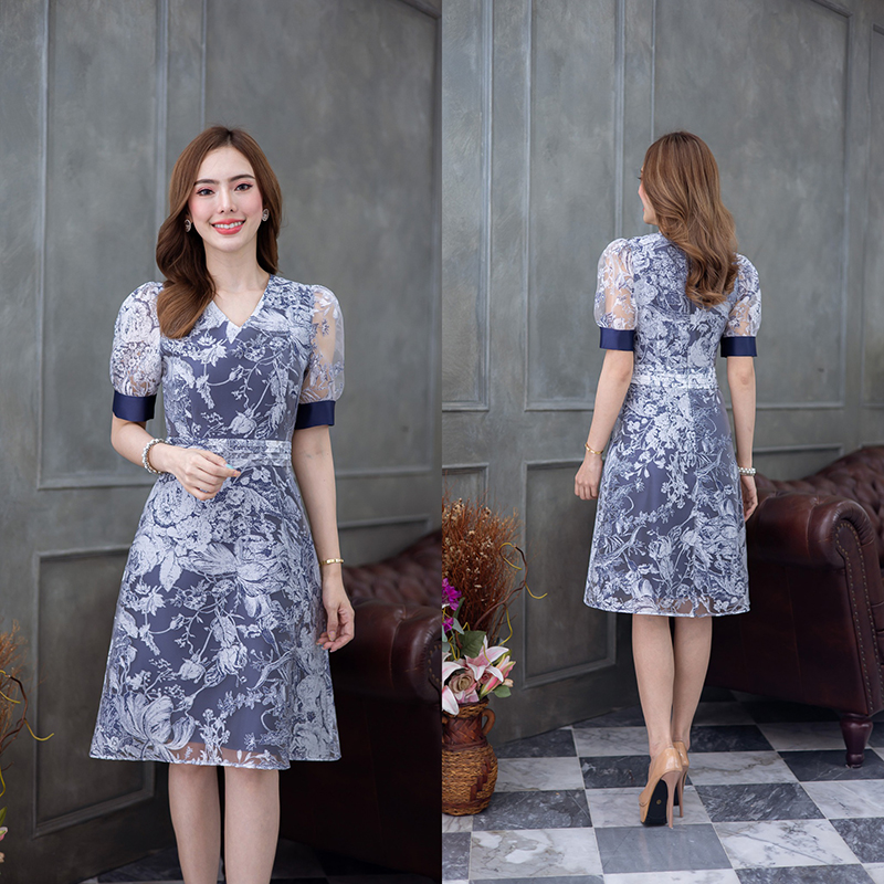 kudapy เดรสสั้นสีชมพู/สีกรม ผ้าแก้ว พิมพ์ลาย มีดีเทลตีเกล็ดรอบเอวเป็นชั้นๆ ช่วงแขนพองกำลังสวย ลายผ้าสวยเด่น