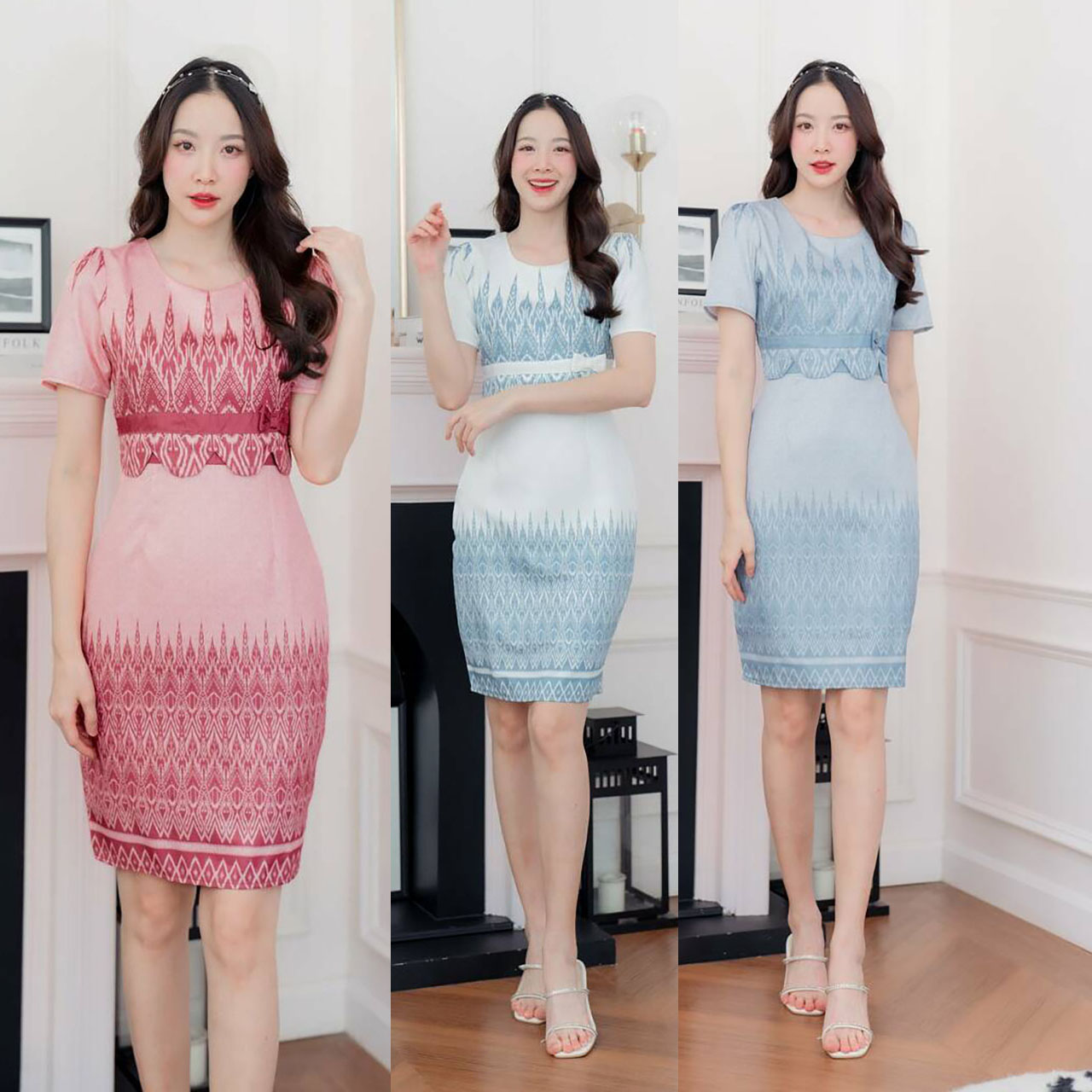 kudapy เดรสสั้นสีชมพู/สีขาว/สีฟ้า ลายไทยแต่งเอวโค้ง