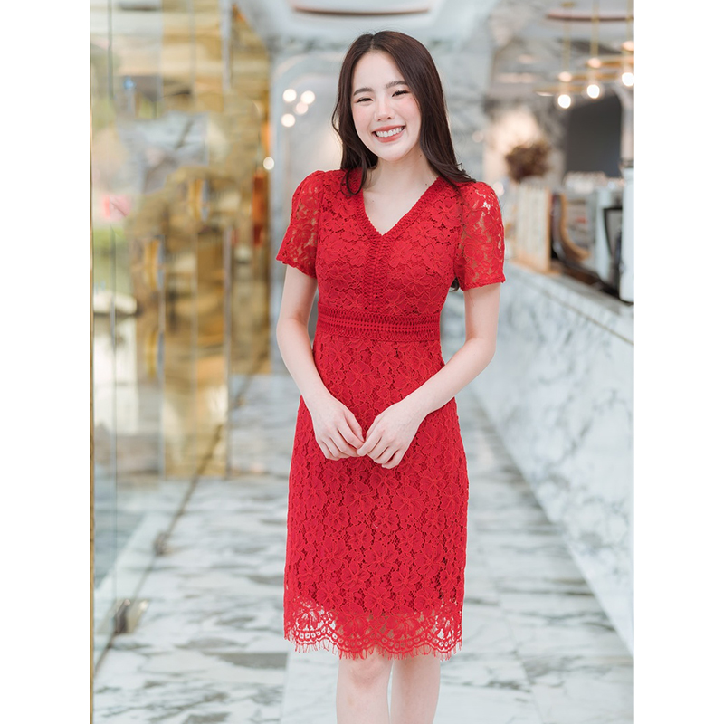 kudapy เดรสสั้นสีแดงใส่วสยดูดี ลูกไม้แขนสั้น