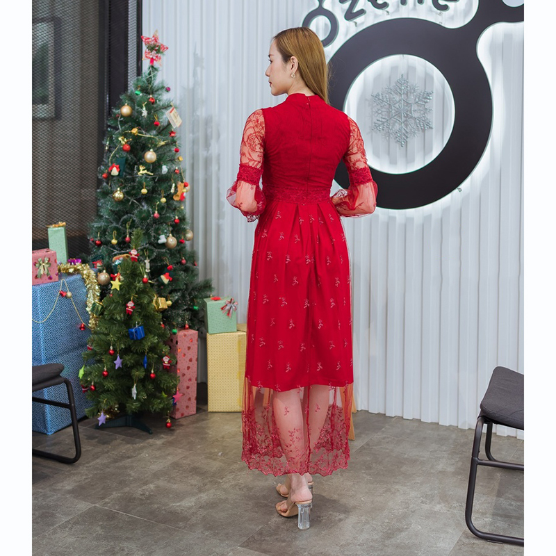 kudapy เดรสยาวสีแดง/สีชมพู/สีขาว คอจีนแขนลูกไม้ซีทรู สวยดูดีน่าารัก