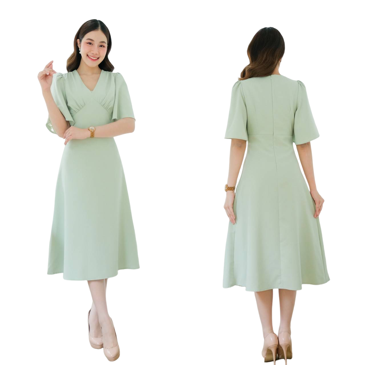 kudapy เดรสสั้นสีชมพูกลีบบัว,สีส้ม,สีครีม ,สีแดงเลือดหมู, สีขาว,สีน้ำเงินกรมท่า,สีเขียวมิ้นท์ คอวี แขนกระดิ่ง คัตติ้ง เอวสูงปรี๊ด กระโปรงบานตีเกร็ดเอว