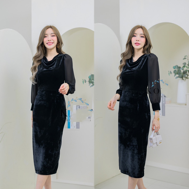 kudapy เดรสสี/สีกรม/สีแดง/สีเขียว กำมะหยี่ แขนยาวแต่งแขนชีฟอง คอถ่วงผ่าหลังเรียบหรู ไฮโซและให้ลุคกึ่งทางการ