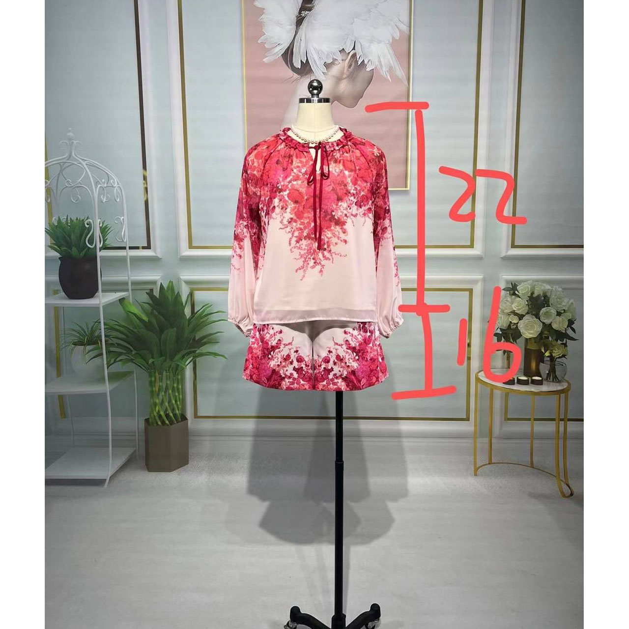 kudapy ชุดเซ็ทเสื้อ+กางเกง ลายสีแดง ผ้าชีฟอง กางเกงมีกระเป๋า ใส่สบาย