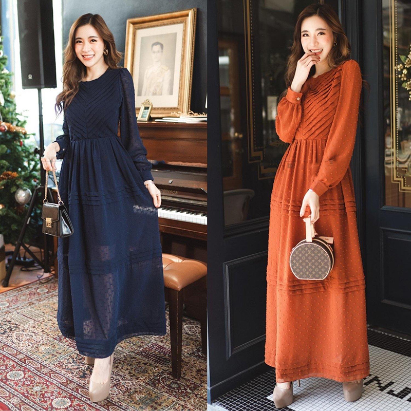 kudapy maxxi เดรสยาวผ้าชีฟองสีกรมท่า สีส้มอิฐ แขนยาว คอกลมแต่งกุ้นลาย3มิติ