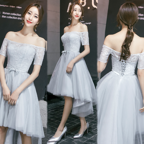 kudapy ชุดราตรีหน้าสั้นหลังยาวสีเทา เปิดไหล่ แขนสั้น กระโปรงทรงบาน