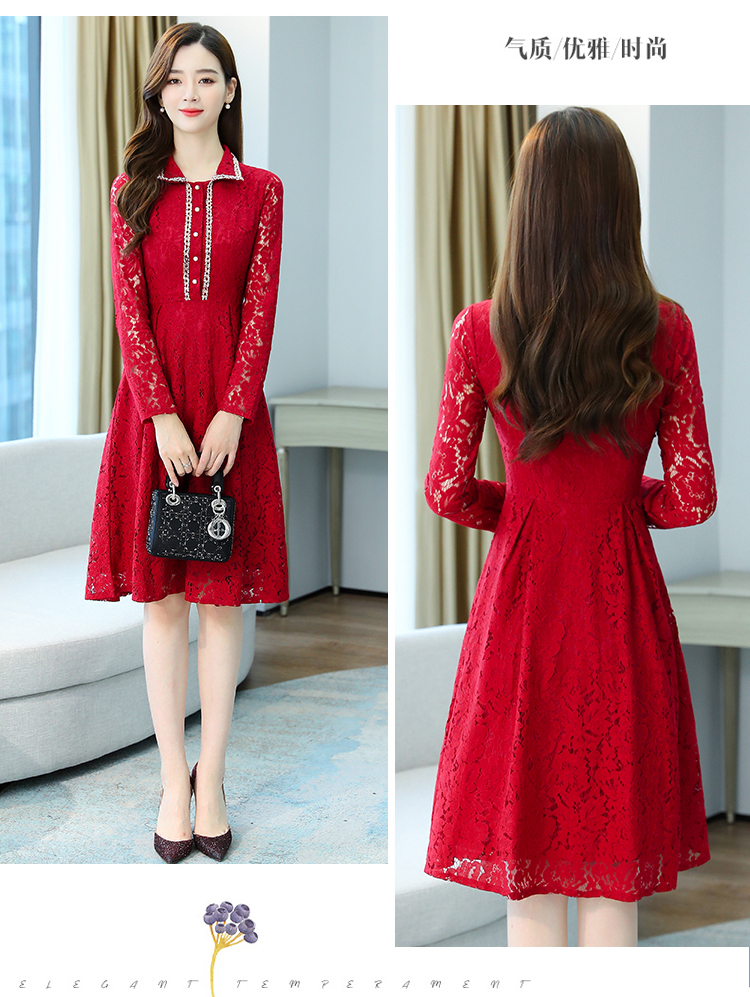 kudapy ชุดเดรสสั้นสีไวน์แดง ผ้าลูกไม้เนื้อดี ยืดหยุ่นได้ แขนยาว คอปก กระดุมผ่าหน้าอก กระโปรงทรงเอ มีซิบด้านข้างลำตัว มีซับใน