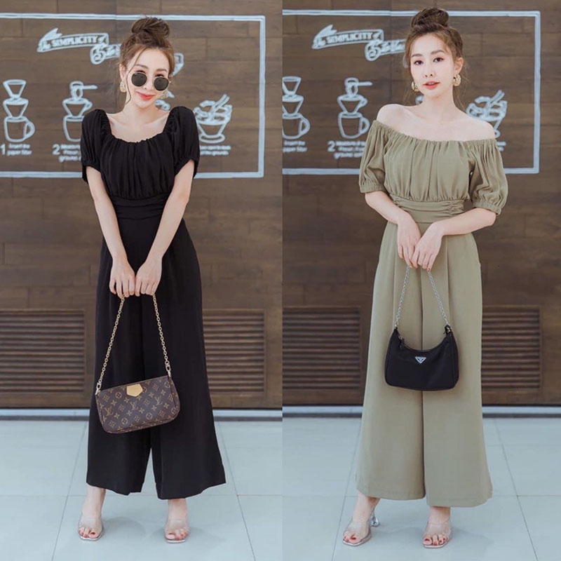 kudapy จั๊มสูทขายาวสีกากี/สีดำ ทรงสวย แต่งเปิดไหล่ แขนตุ๊กตา กระเป๋าข้าง ผ้าเนื้อดี