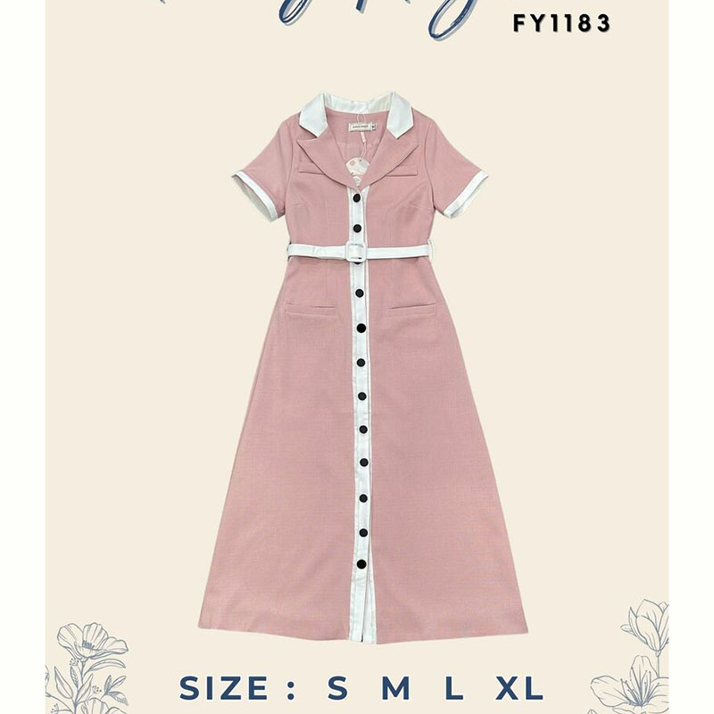 kudapy เดรสยาวสีชมพู/สีครีม/สีดำ เนื้อผ้าอย่างดี มาในทรงคลาสสิคที่ใส่ได้ตลอด สไตล์ติดกระดุมหน้า สีโทนสุภาพแต่งคอปกสุดชิค