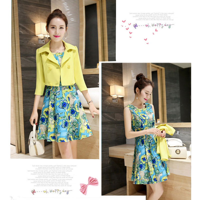 kudapy ชุดเซ็ทเสื้อสูทและเดรส สีชมพู,สีขาว,สีเขียว เสื้อสูท:ผ้าคอตตอนผสมโพลีเอสเตอร์ คอปก แขนยาวสี่ส่วน