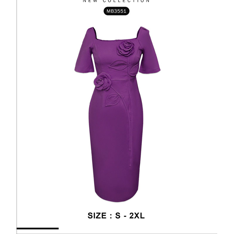 kudapy เดรสสั้นสีดำ/สีชมพู/สีม่วง เดรสยาวคอเหลี่ยมติดดอกไม้ ใส่ออกงาน ใส่ทำงานสวยดูดี