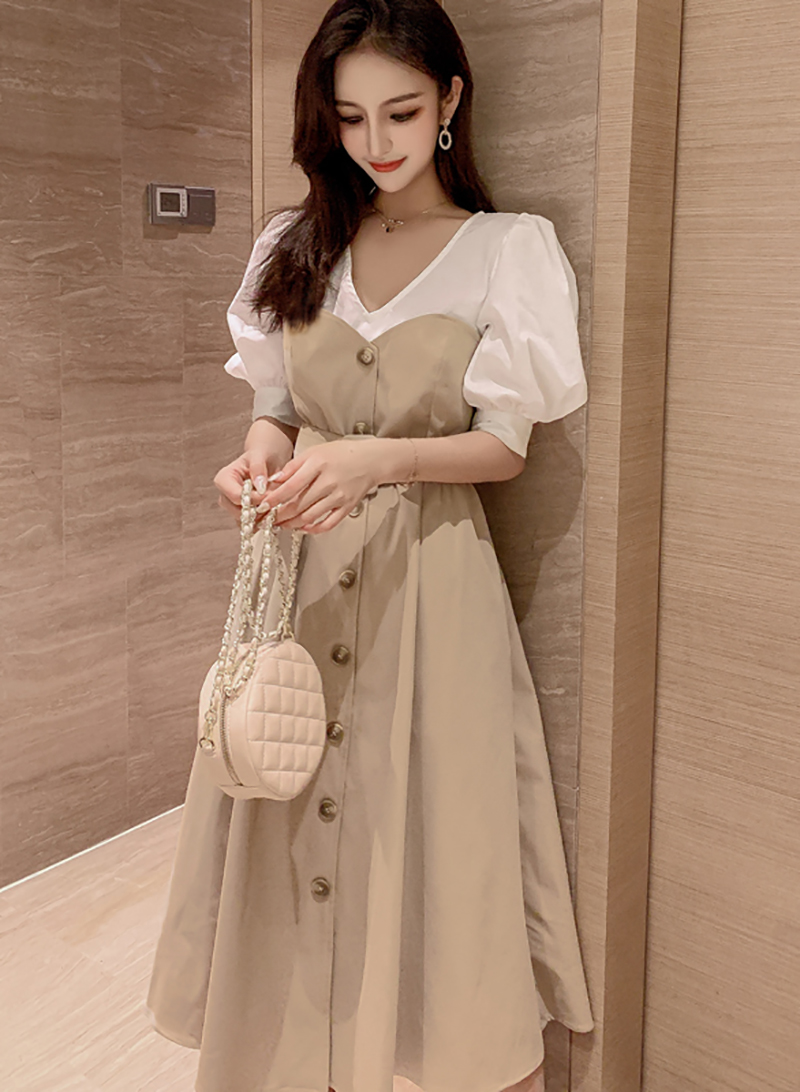 เดรสยาวคลุมเข่าสีครีมผ้าคอตตอนเนื้อดี ดีไซน์ตัดเย็บเหมือนใส่ 2 ชิ้น Xl