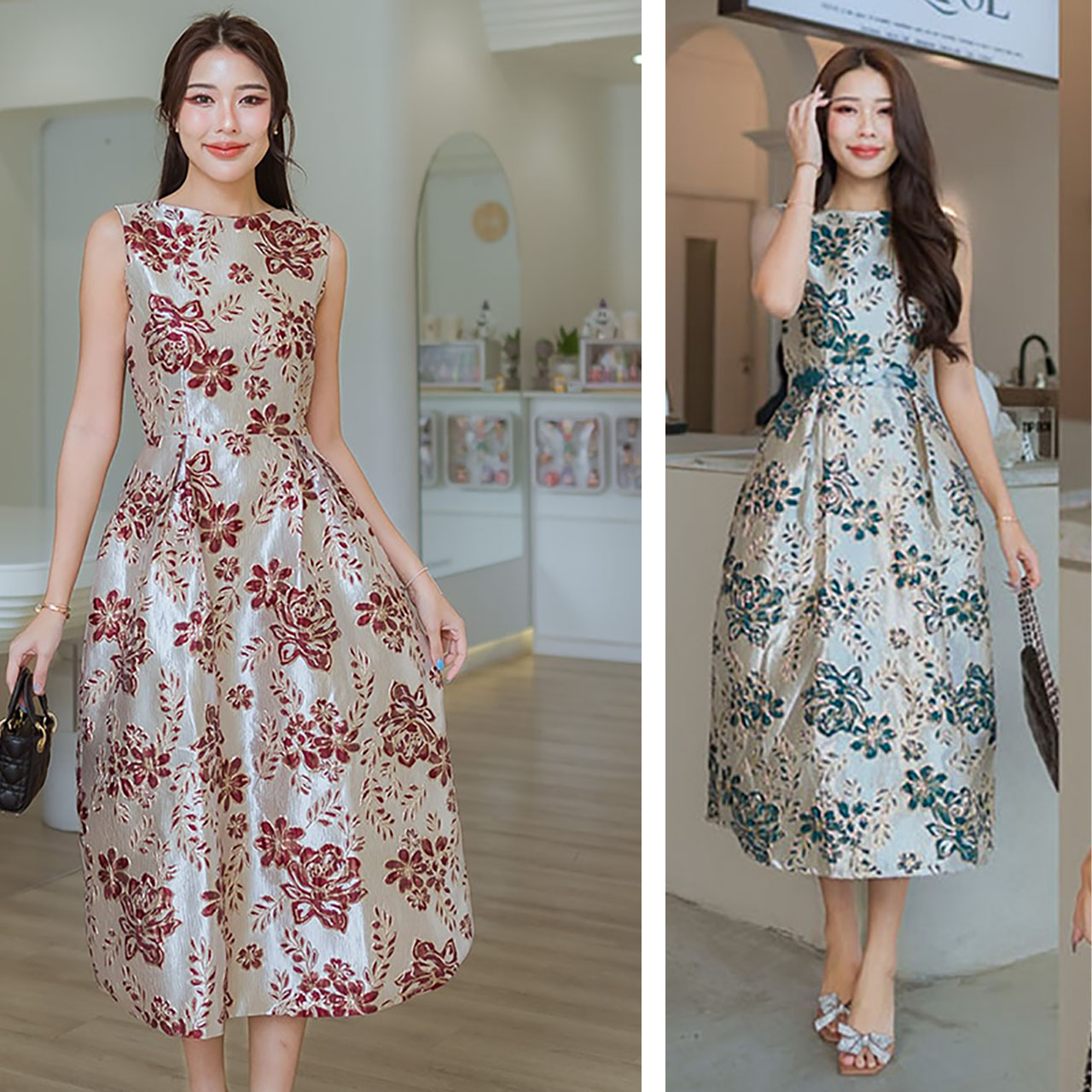 kudapy เดรสแขนกุดผ้าทอลาย ผ้า jacguard กระโปรบาน มาพร้อมเข็มขัดในชุด ที่จะใส่ หรือ ไม่ใส่ก็สวย