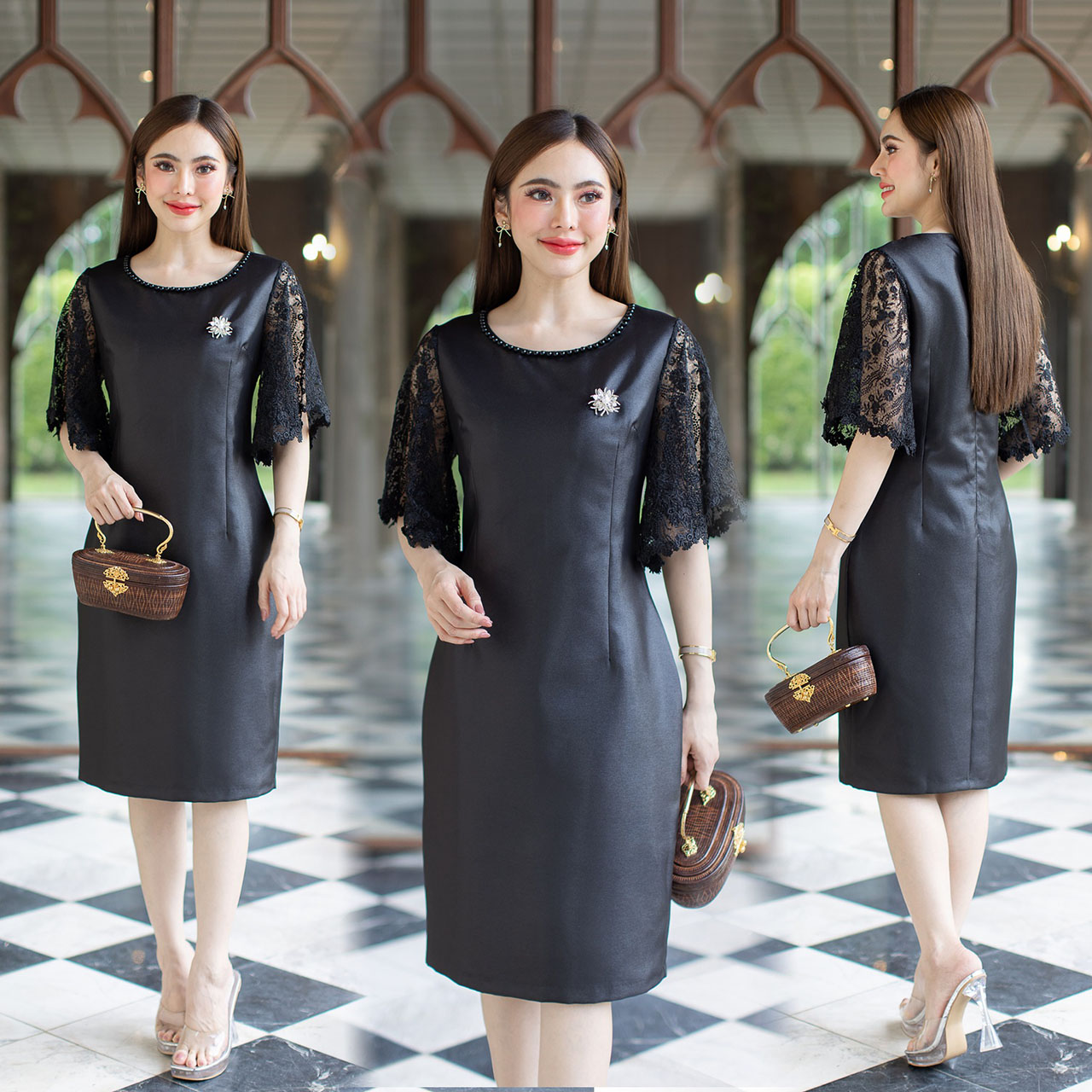 kudapy เดรสสั้นสีดำ/สีชมพู/สีทอง ผ้าไหมตัดแต่งลูกไม้ช่วงแขน ช่องคอใช้มุกโทนสีเดียวกันกับเนื้อผ้า