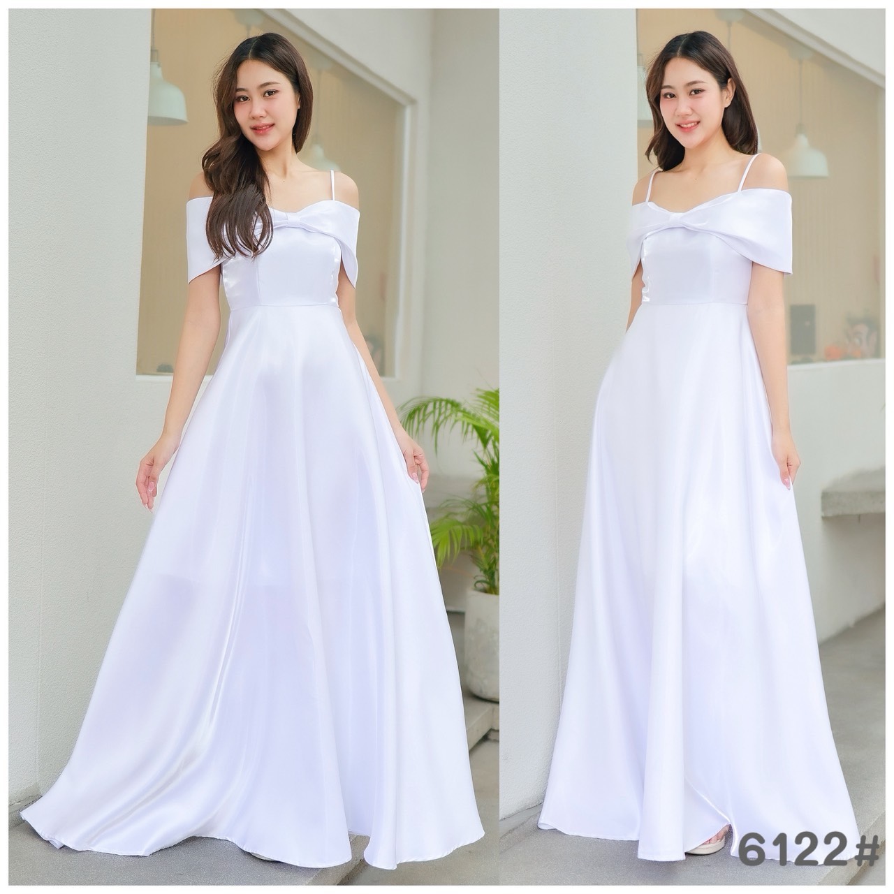 kudapy เดรสยาวเปิดบ่า กระโปรงบาน ทรงสวยเอวสูง ความยาวปิดข้อเท้า ผ้าไม่ยืด มีซับในทั้งตัว