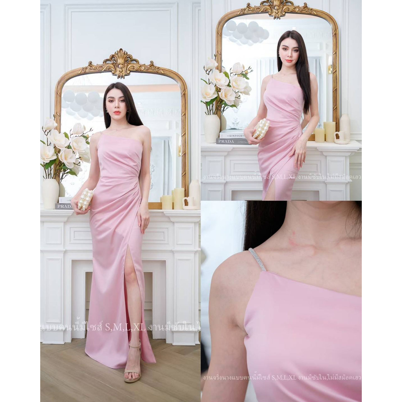 kudapy เดรสยาวสีชมพูกลีบบัว/สีชมพูเผือก/สีกรม/สีอื่นๆ เดรสใส่ออกงาน เปิดไหล่ ใส่สบายตัว