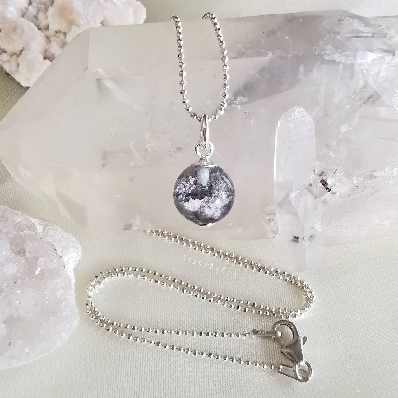 สร้อยคอเงินจี้หินโป่งข่าม Lodolite Quartz