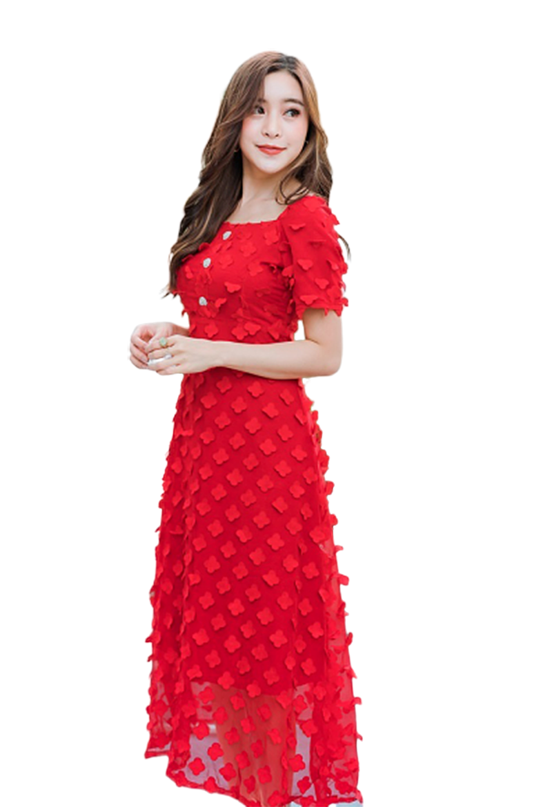 เดรสยาวสีแดงสด พิมพ์ลายดอกจิก ทรงระบาย ซิบหลังแย่างดี S