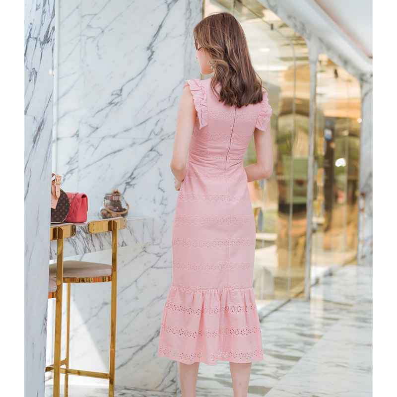 kudapy เดรสสั้นสีชมพู ผ้าฉลุอกระบายใส่งานปาร์ตี้สวยดูดี XL 2XL