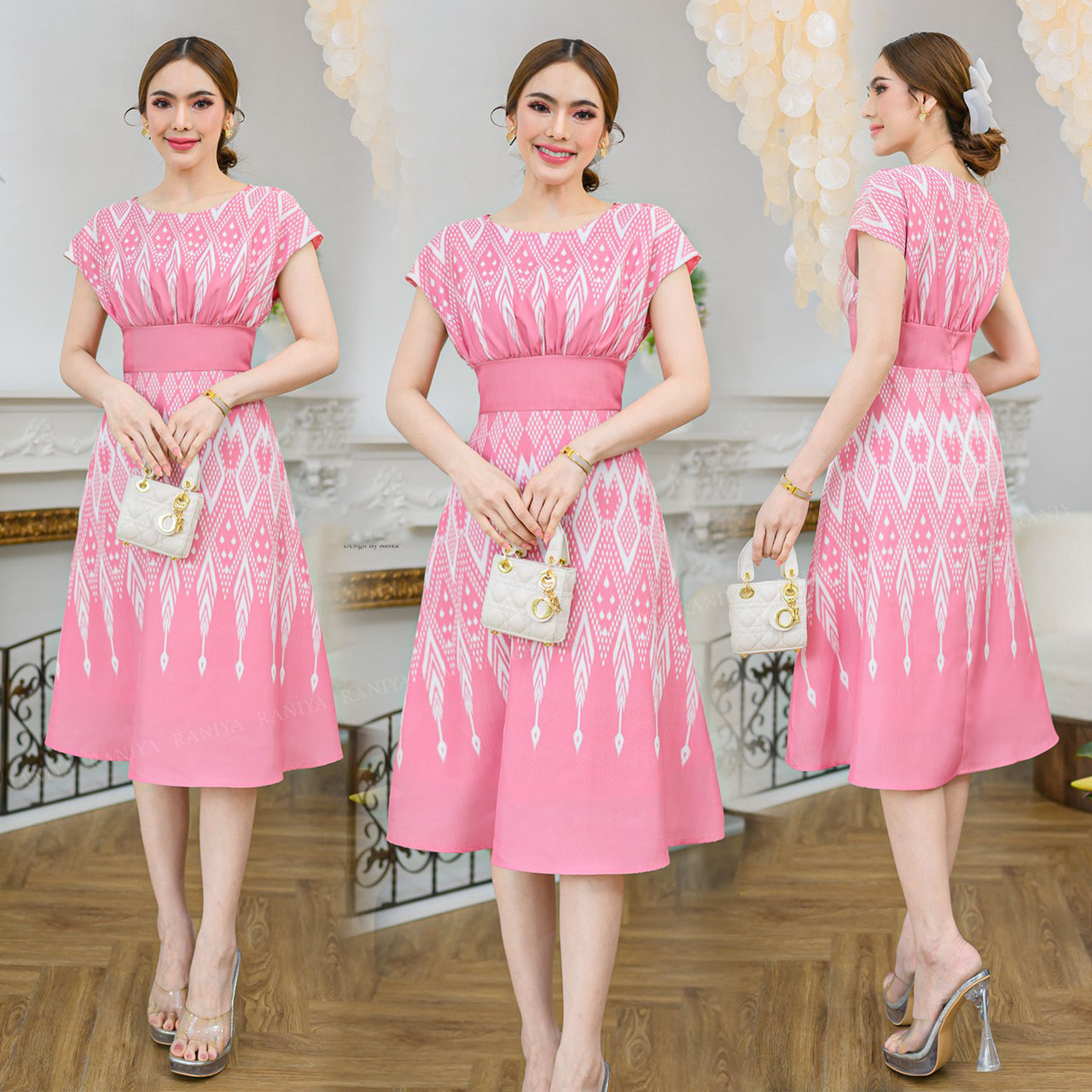 kudapy เดรสสั้นสีครีม / ชมพู / เหลือง ผ้าโพลีเอสเตอร์แบบทอเกรดนำเข้า คอกลม มีชับใน มาพร้อมชิปซ่อนหลังใส่สบาย