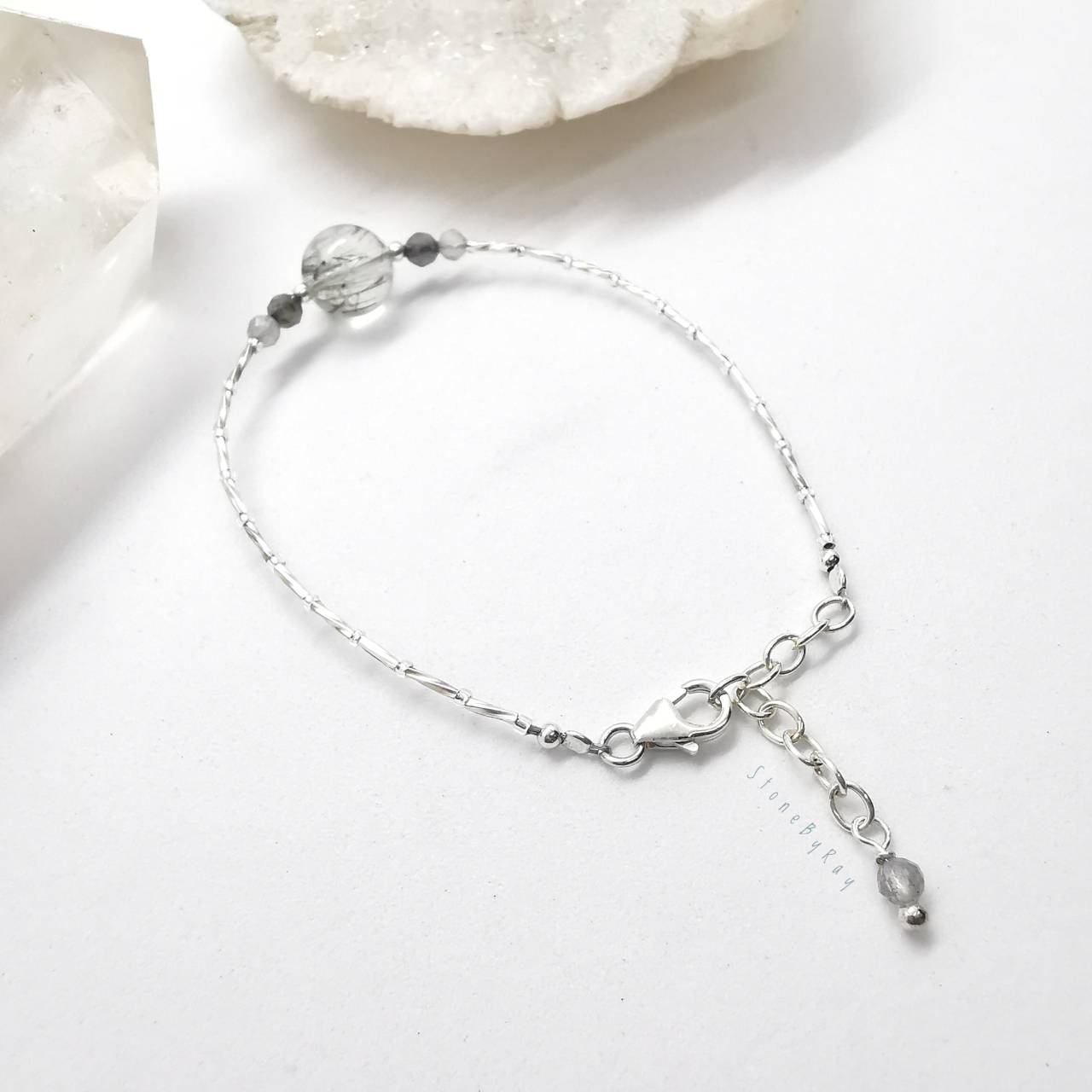 สร้อยข้อมือเงินหินไหมเขียว Green Rutile Quartz
