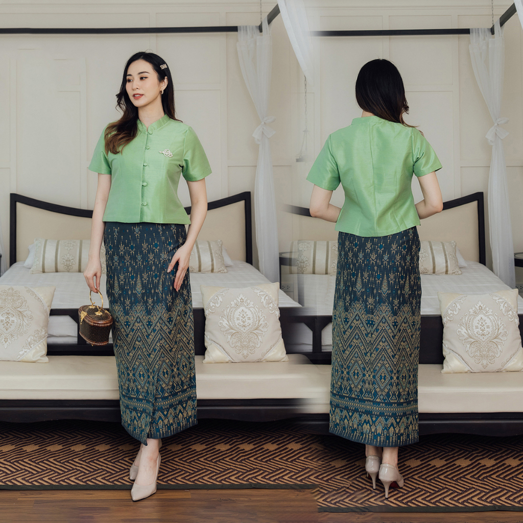 kudapy เซ็ทเสื้อผ้าไหม + ผ้าถุงทอลายไหมแพรวากาฬสินธุ์ สีเขียว