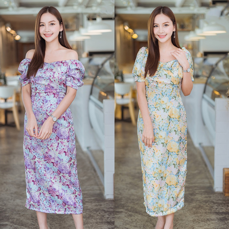 kudapy เดรสยาวสีเหลือง/สีม่วง เกาหลีแขนย่น สวยใส่สบายดูดี