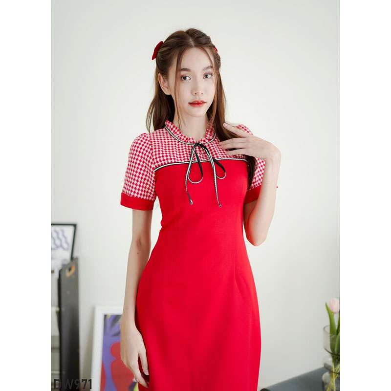 kudapy เดรสสั้นสีแดง/สีชมพู/สีดำ สก็อตผูกโบว์ สวยดูดีใส่สบาย