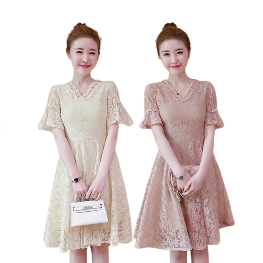 kudapy เดรสสั้นสีครีม/สีชมพู ผ้าลูกไม้ สีหวานๆ ทรงคอวีแต่งลูกไม้ถัก แขนแต่งมุกแบบปักหมุด ไม่หลุดง่าย