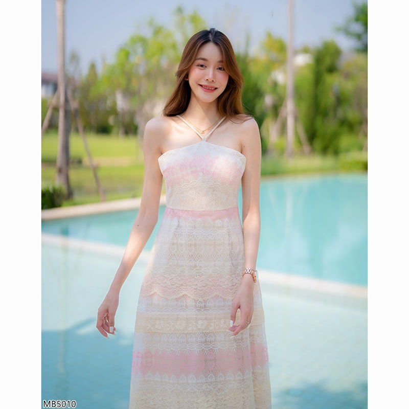 kudapy เดรสยาวสีฟ้า/สีชมพู ลูกหัวใจยาวผูกคอ ใส่เที่ยวทะเล เนื้อผ้าเบาสบายตัว