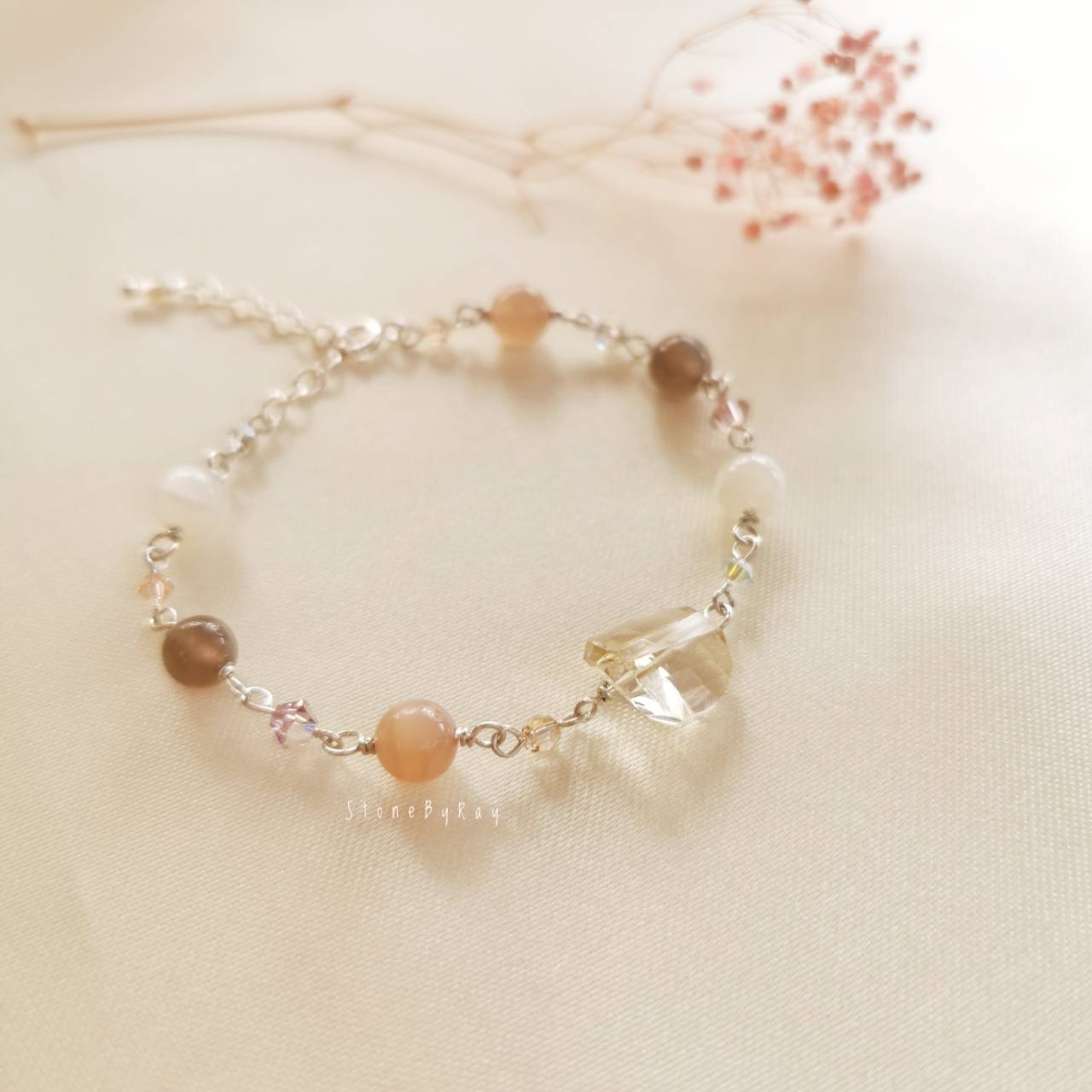 สร้อยข้อมือเงินหินซิทรินกับหินมัลติมูนสโตน Citrine+Multi Moonstone