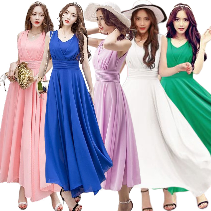 kudapy แม็กซี่เดรสยาวคอวีสีชมพูโอรส/สีม่วง/สีขาว/สีเขียวเข้ม/สีน้ำเงินสด เดรสยาวแขนกุด ผ้าชีฟองทิ้งตัว พริ้วมากค่ะรุ่นนี้ใส่ไปทะเล ไปงานได้น้าา